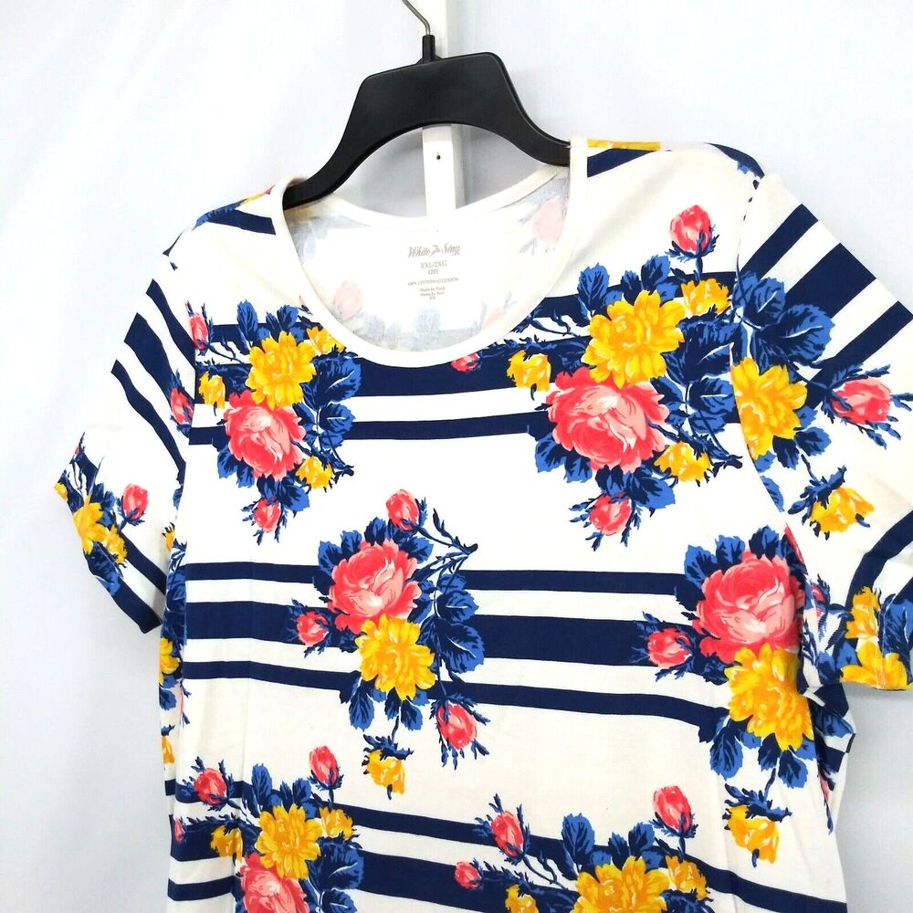 White Stag Shirt Womens Plus Size XXL White Blue Striped Floral Short Sleeve Top